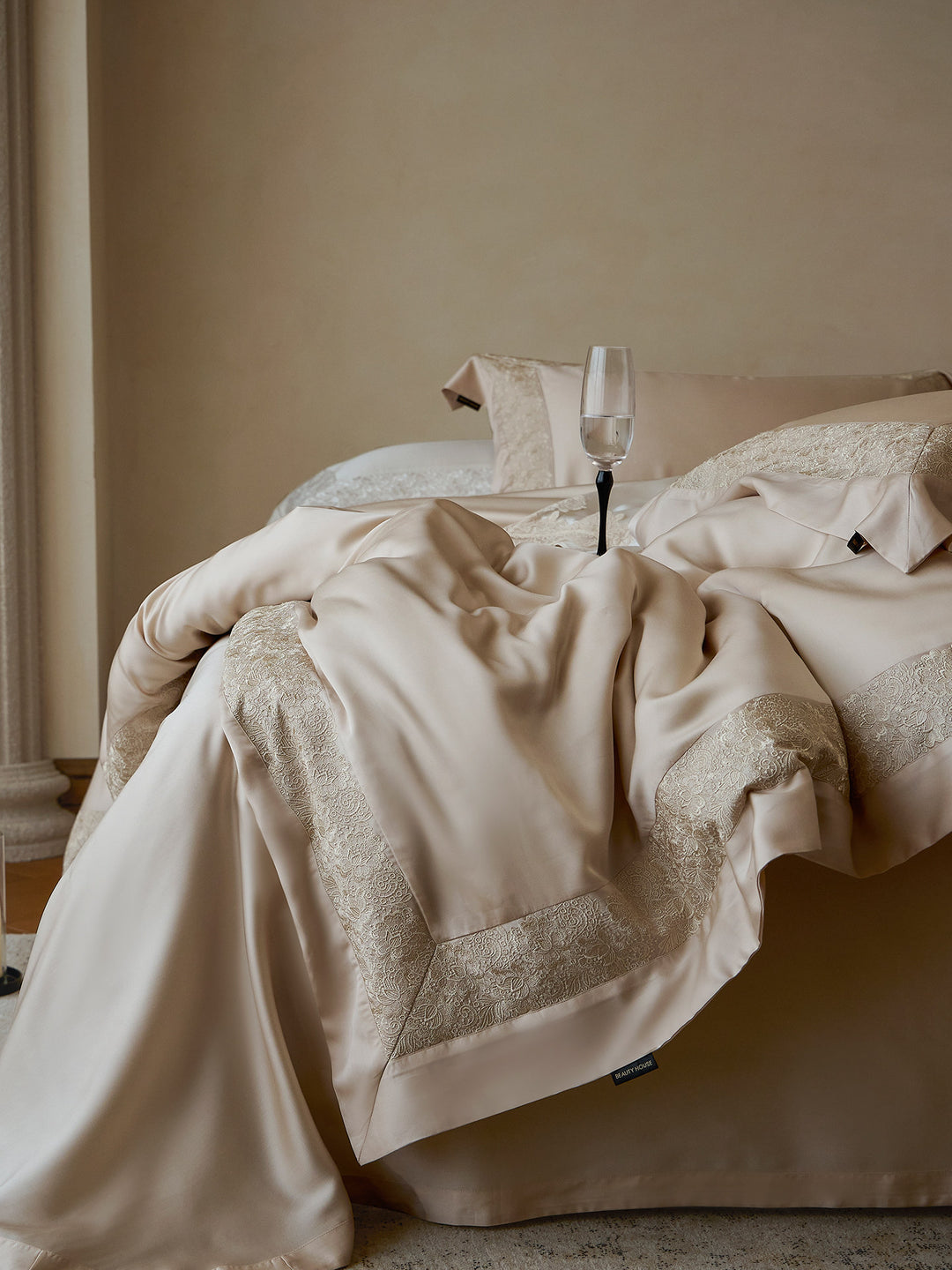 Satin-Feel Lace-Trim Duvet Cover Set