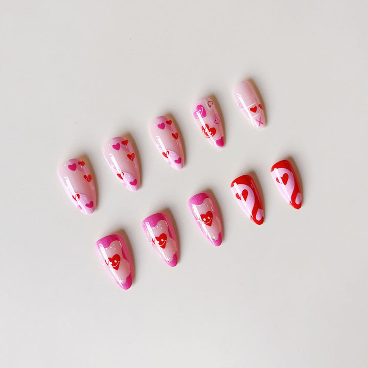 Acrylic nail set with romantic heart motifs and modern designs Bowlift