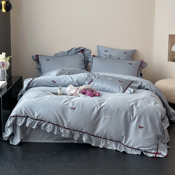 Ruffled Satin-Feel Embroidered Bow Duvet Cover Bedding Set with Oxford Shams
