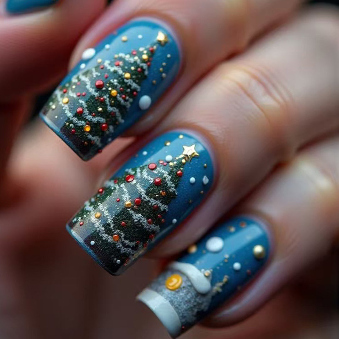 Artificial nails in festive Christmas design Bowlift