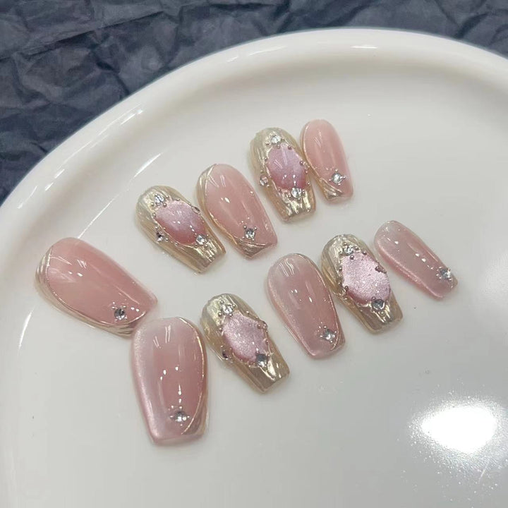 Elegant Press-On Nail Set with Artistic Metallic Design Bowlift