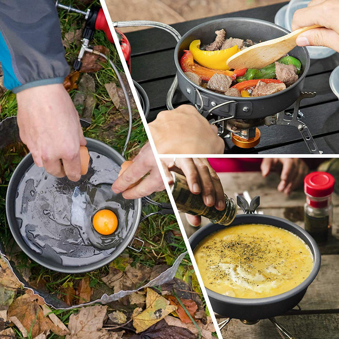 lightweight non-stick nesting camping cookware set with folding handles compact kettle pot pan and folding cutlery Bowlift