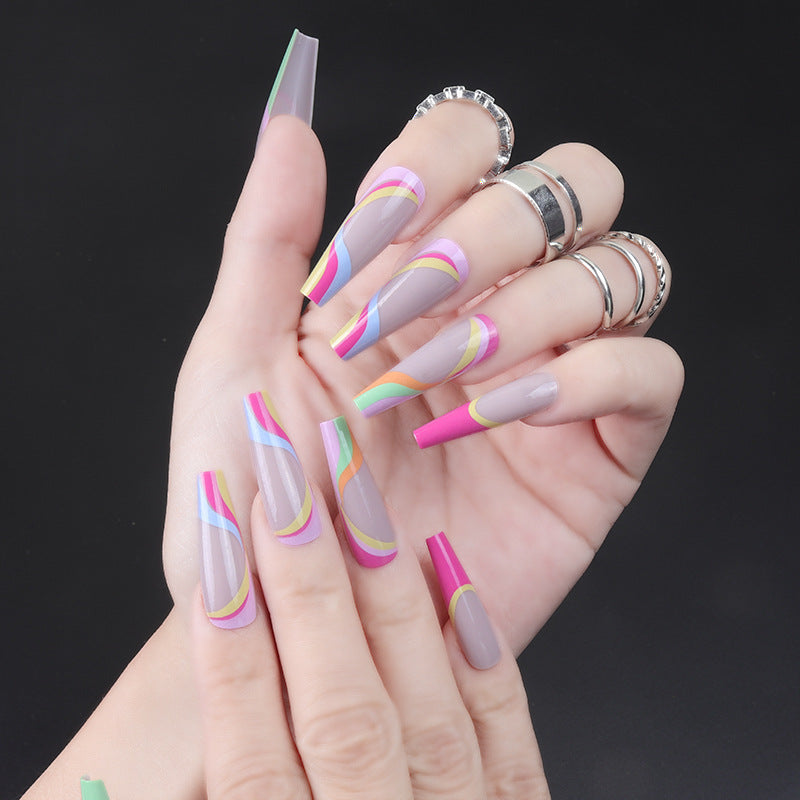 Artistic Long Stiletto Press-On Nails with Colorful Patterns Bowlift