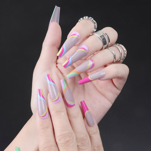 Artistic Long Stiletto Press-On Nails with Colorful Patterns Bowlift