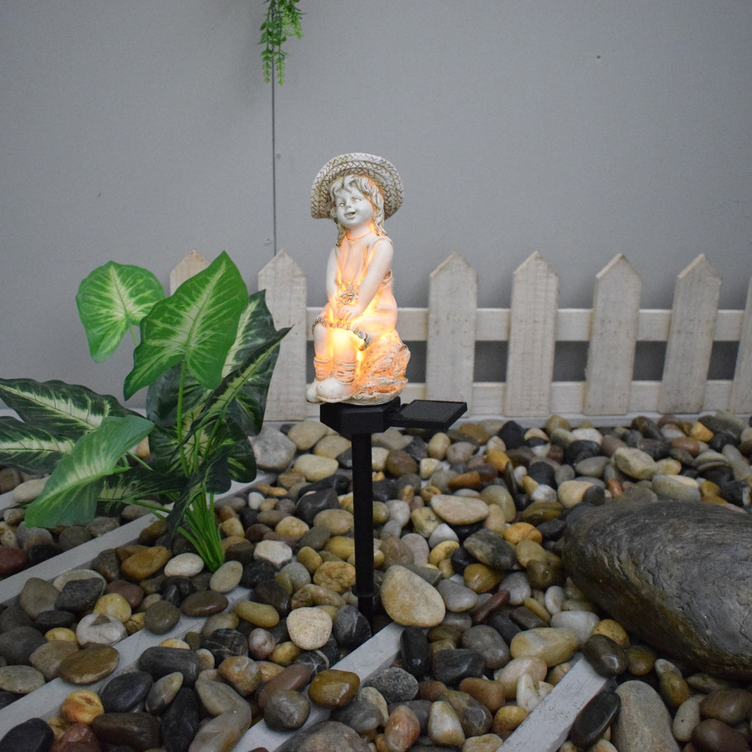 Decorative Solar Garden Stake Statue Resin Girl Figurine With Integrated Solar LED And Weatherproof Spike Bowlift