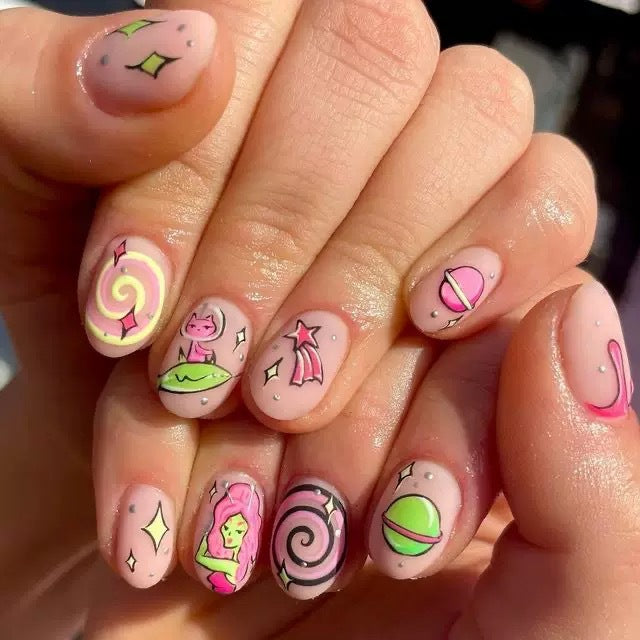 Art nail set with playful cartoon designs Bowlift