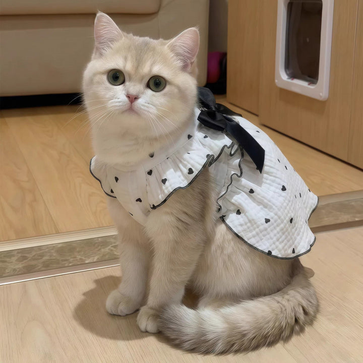 Cat Muslin Frill Dress with Heart Print Bow and Harness Loop Bowlift
