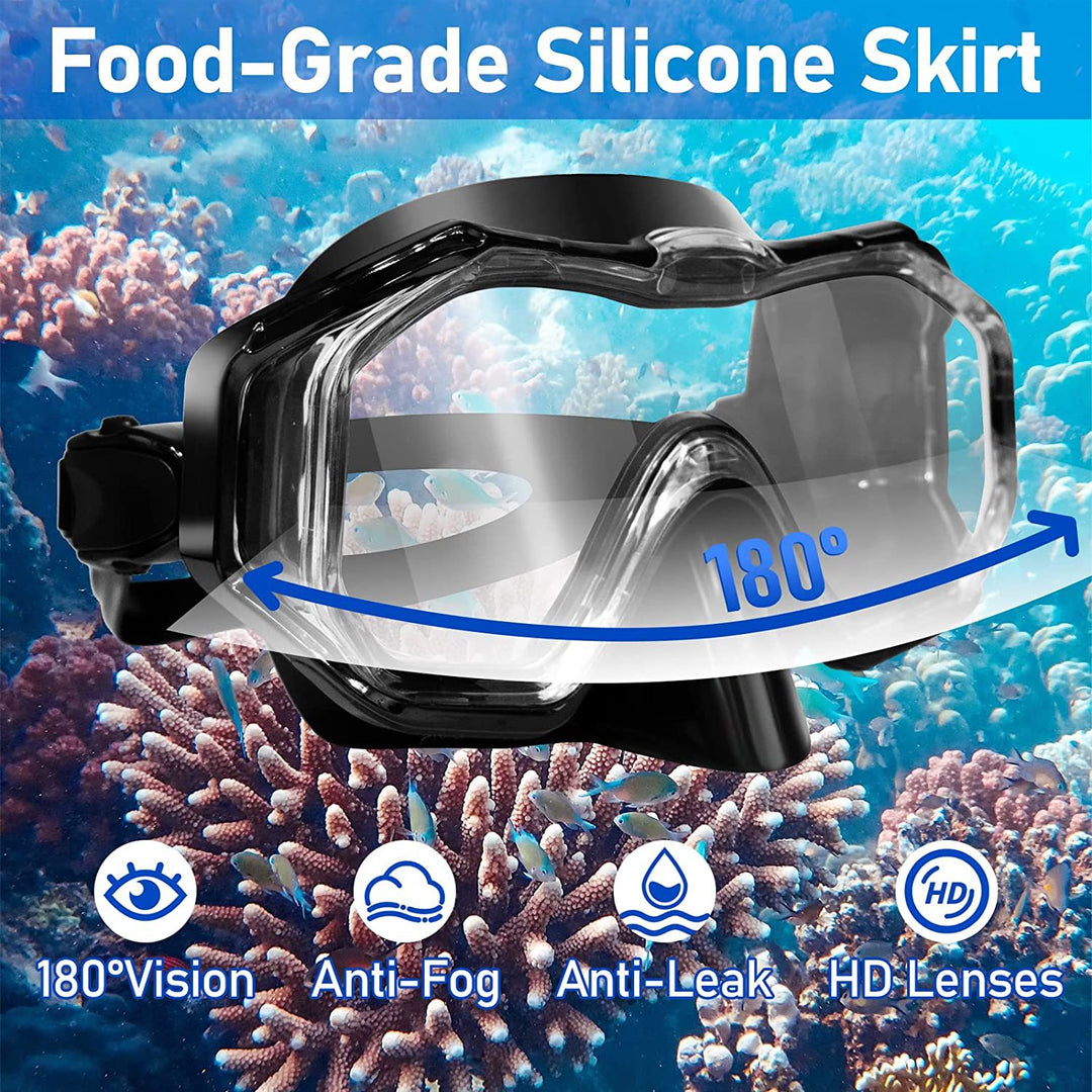 Diving equipment set with ergonomic diving mask and flexible snorkel Bowlift