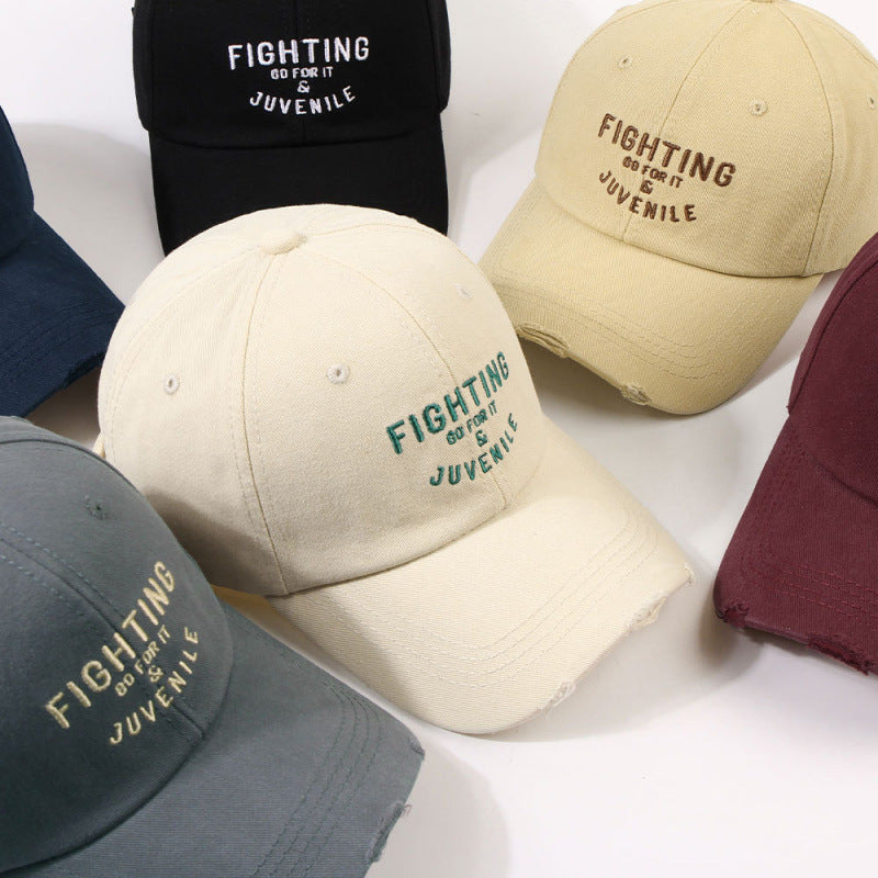 Women's Distressed Cotton Cap with Motivational Embroidery Bowlift