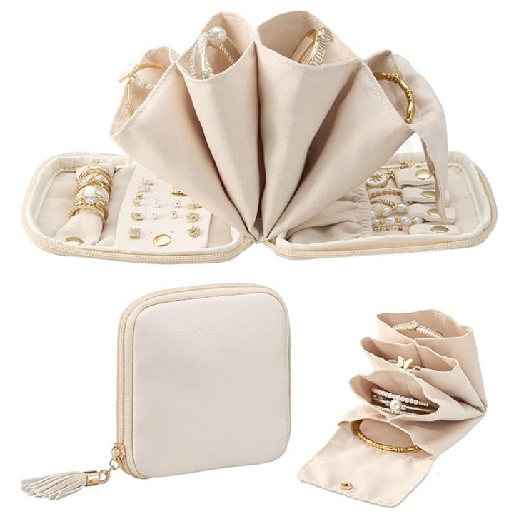 Travel Foldable Jewelry Organizer Case with Ring Rolls Earring Slots Necklace Hooks Bowlift