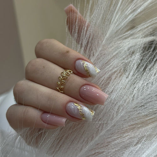 Artistic Nail Extensions with Elegant Gold Design Bowlift