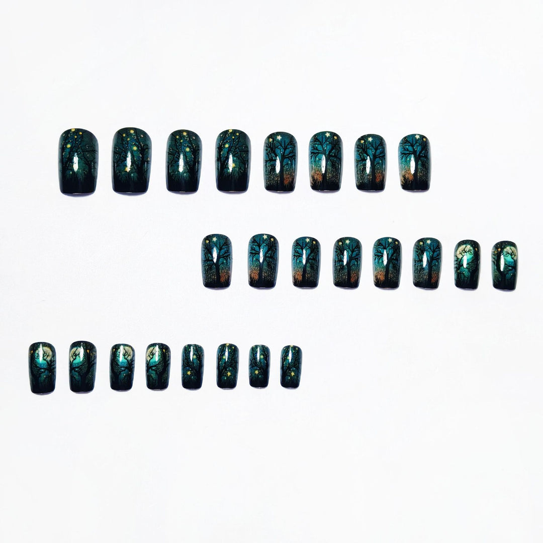 Creative Acrylic Nails with Midnight Forest Design Bowlift