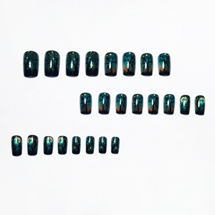 Creative Acrylic Nails with Midnight Forest Design Bowlift
