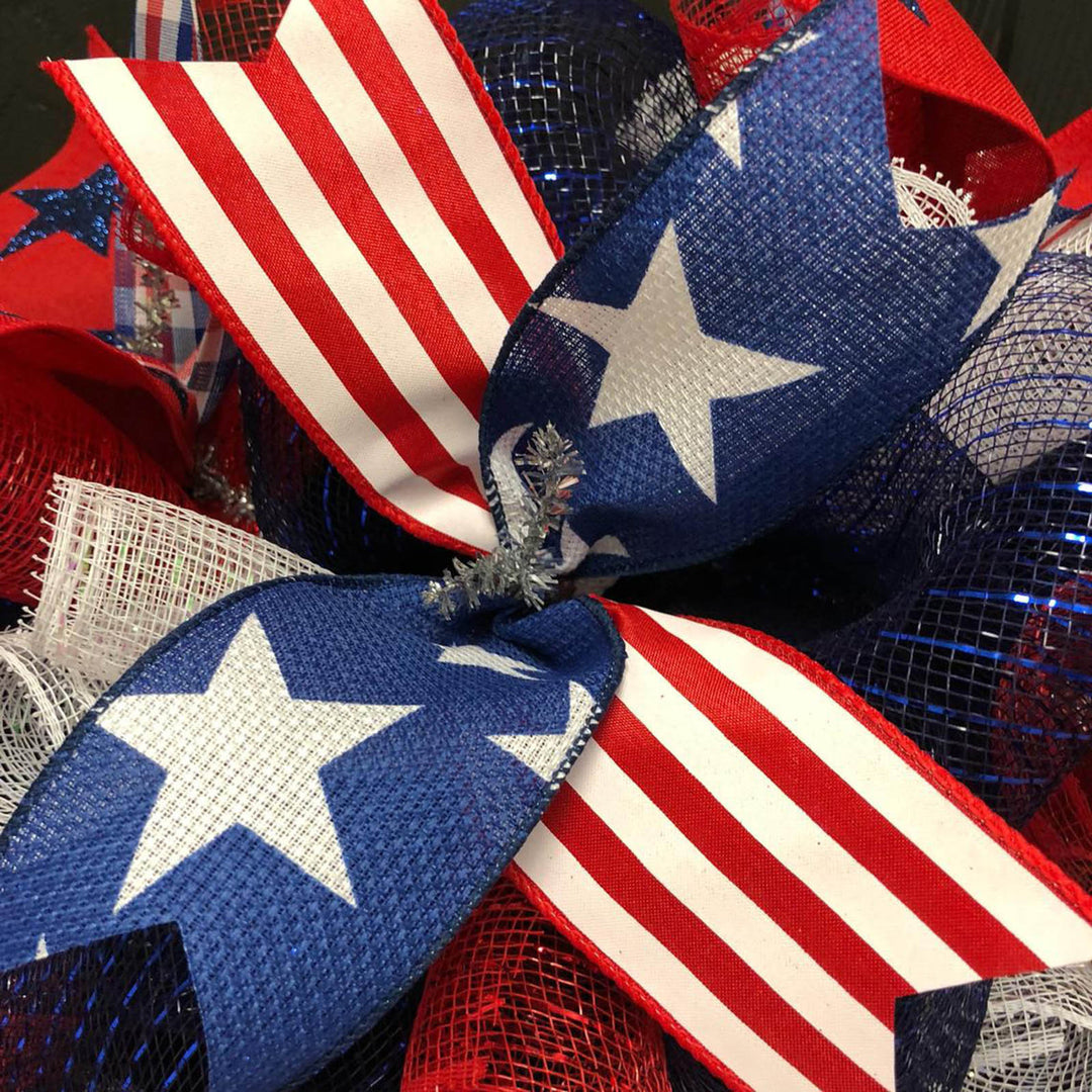 Unisex nan patriotic burlap starburst wreath with layered mesh petals and jute rosette center Bowlift