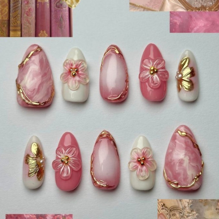 Artistic Floral and Star-Embellished Press-On Nail Set Bowlift