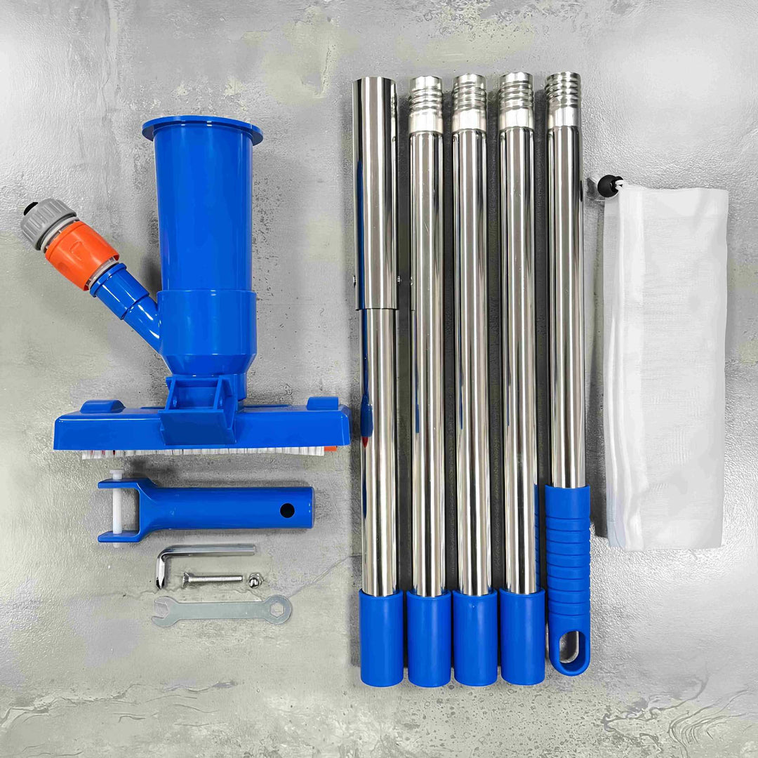 Telescopic stainless steel pool vacuum kit with brush head and fine mesh leaf bag Bowlift