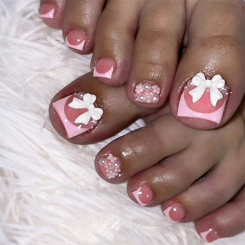 Artistic Press-On Nail Set with Decorative Bow and Gem Accents Bowlift