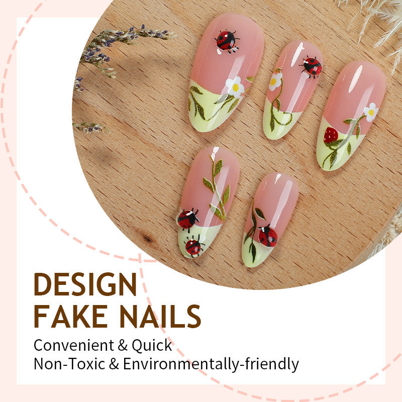 Artificial nail set with delicate flower and ladybird pattern Bowlift