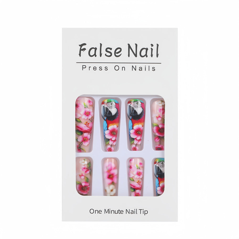 Exquisite Artificial Nails with Colorful Flower and Parrot Design Bowlift