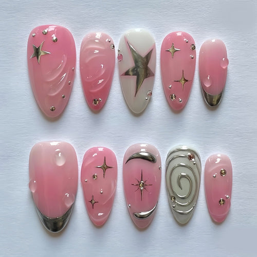 Artistic Star-Embellished Press-On Nail Design Bowlift