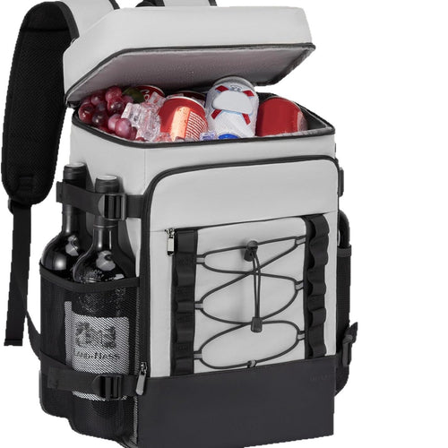 Unisex insulated cooler backpack with side bottle holders, elastic tension rope, and padded carrying system Bowlift