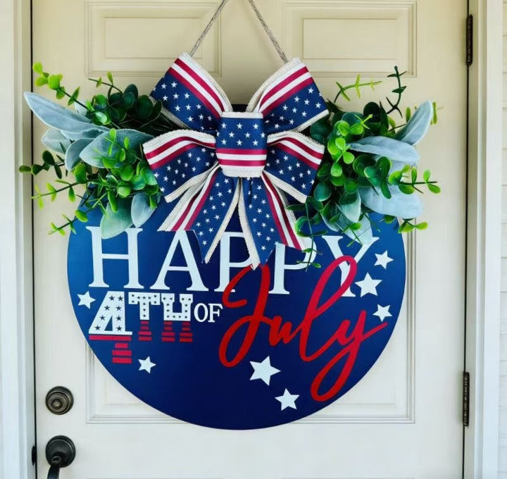 Unisex nan Patriotic Round Wooden Door Sign with Bow and Faux Greenery Bowlift