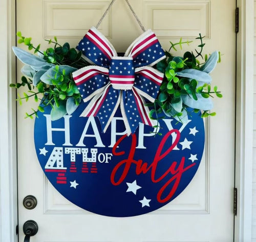 Unisex nan Patriotic Round Wooden Door Sign with Bow and Faux Greenery Bowlift
