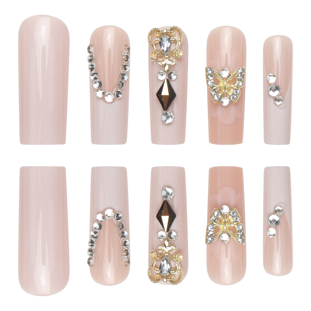 Decorative Long Press-On Nails with Gem and Floral Accents Bowlift