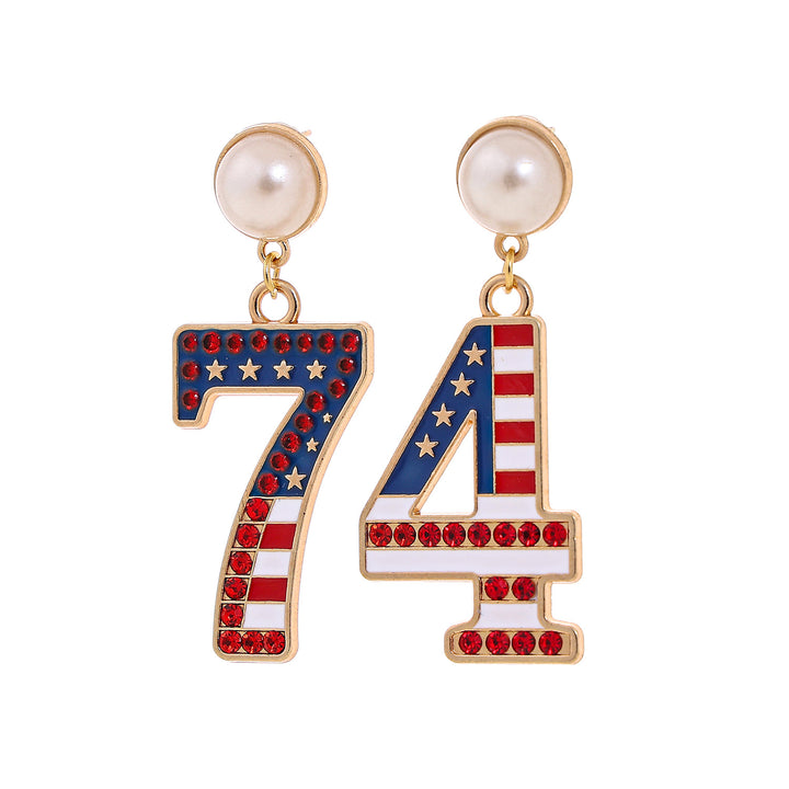 Women's nan patriotic enamel number drop earrings with faux pearl studs Bowlift
