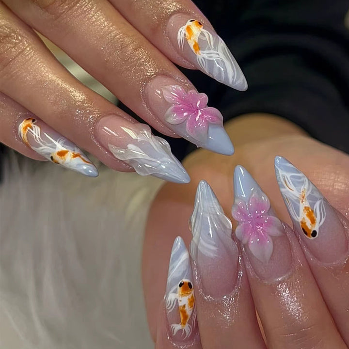 Artistic Koi Fish and Floral Nail Art Extensions Bowlift