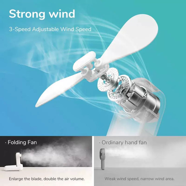 Unisex One Size foldable rechargeable triple handheld mini fan with integrated power bank USB-C and USB-A connections as well as wrist strap Bowlift