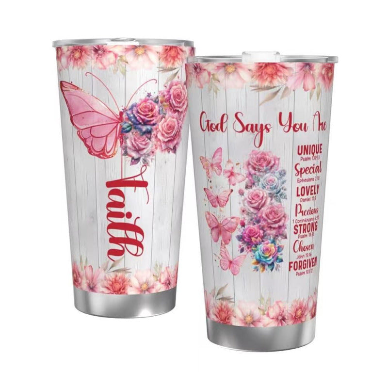 Double-Wall Vacuum Insulated Stainless Steel Travel Tumbler With Spill-Resistant Lid And Printed Cow Sunflower Design