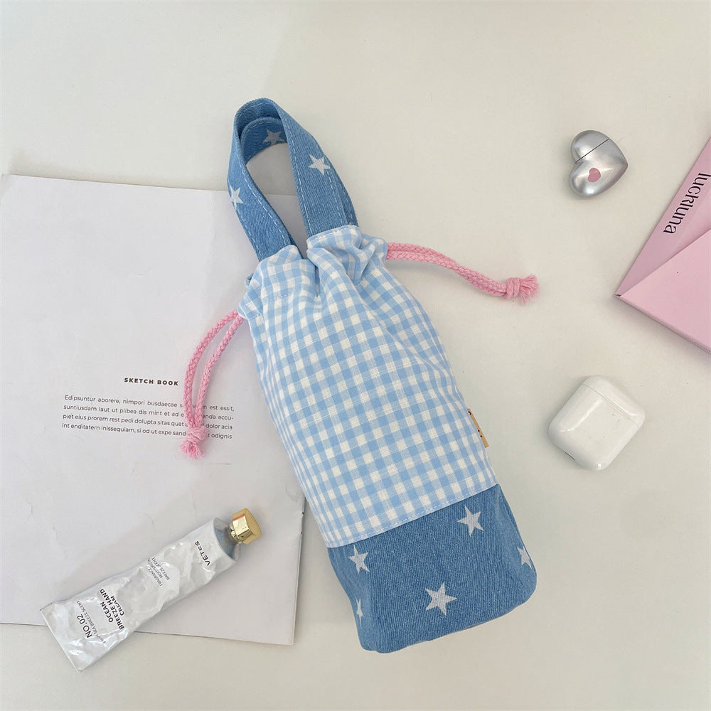Drawstring Bottle Pouch with Denim Base and Carry Handle Bowlift