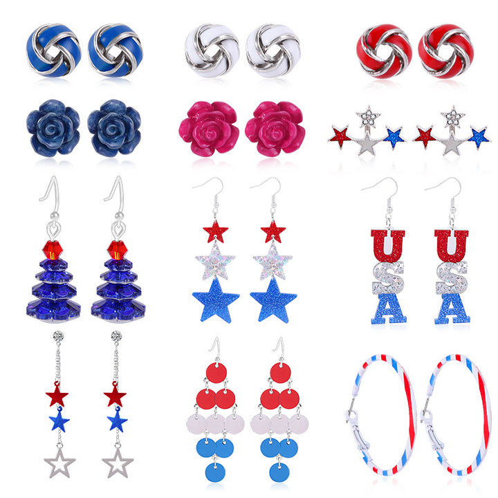 Women's star-shaped enamel earrings with USA flag motif and gold-plated fish Bowlift