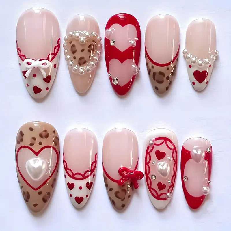 Romantic Heart-Themed Press-On Nail Art Bowlift