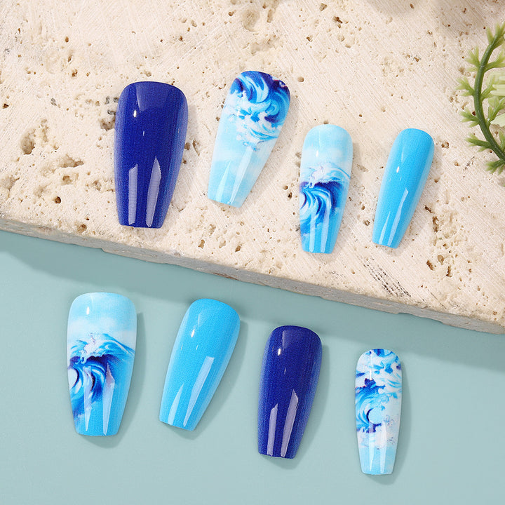 Artificial Nail Set with Maritime Wave Designs Bowlift