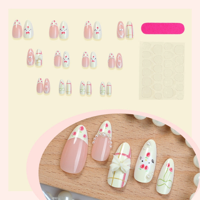 Decorative Press-On Nail Set with Floral and Whimsical Designs Bowlift