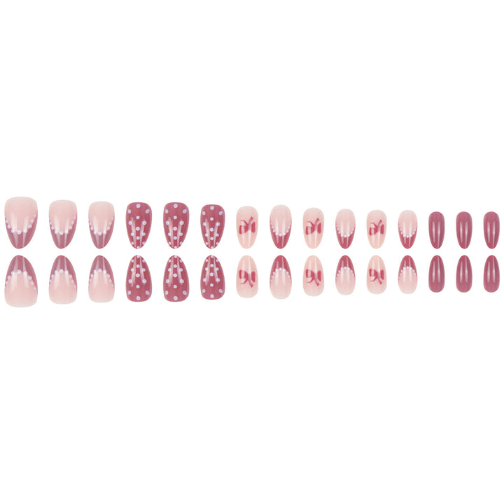 Artistic Press-On Nail Set with Bow and Polka Dot Design Bowlift