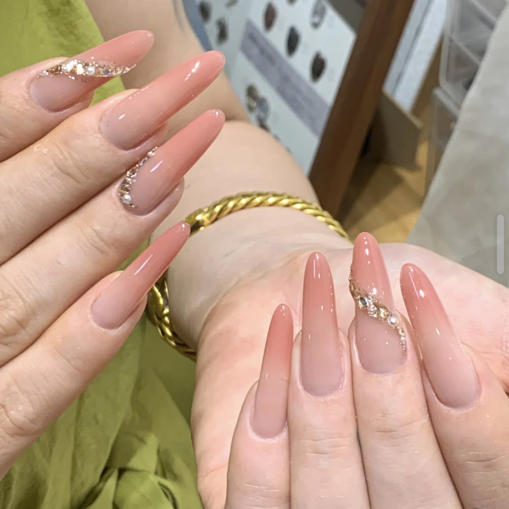 Premium Long Almond-Shaped Press-On Nail Set with Floral and Crystal Accents Bowlift