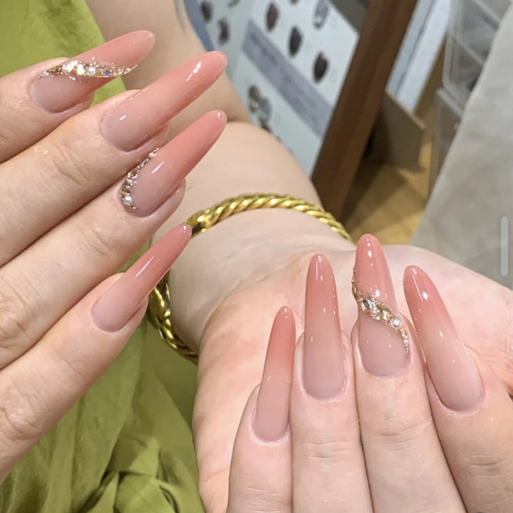 Premium Long Almond-Shaped Press-On Nail Set with Floral and Crystal Accents Bowlift