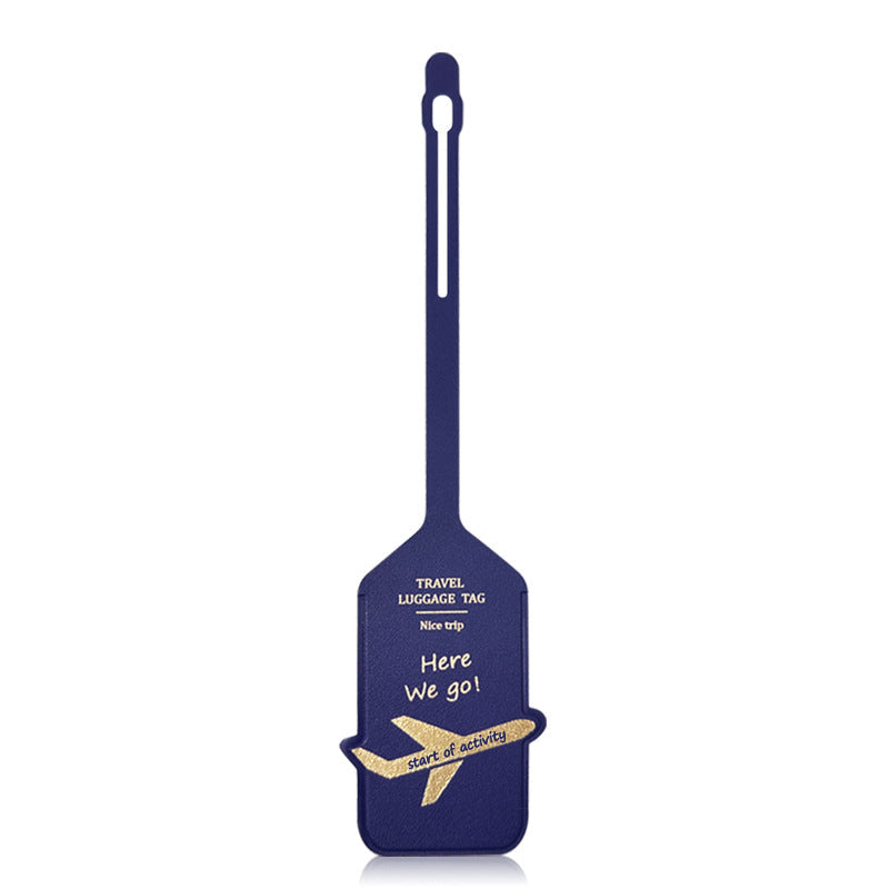 premium leather travel luggage ID tag with embossed airplane motif and adjustable strap Bowlift