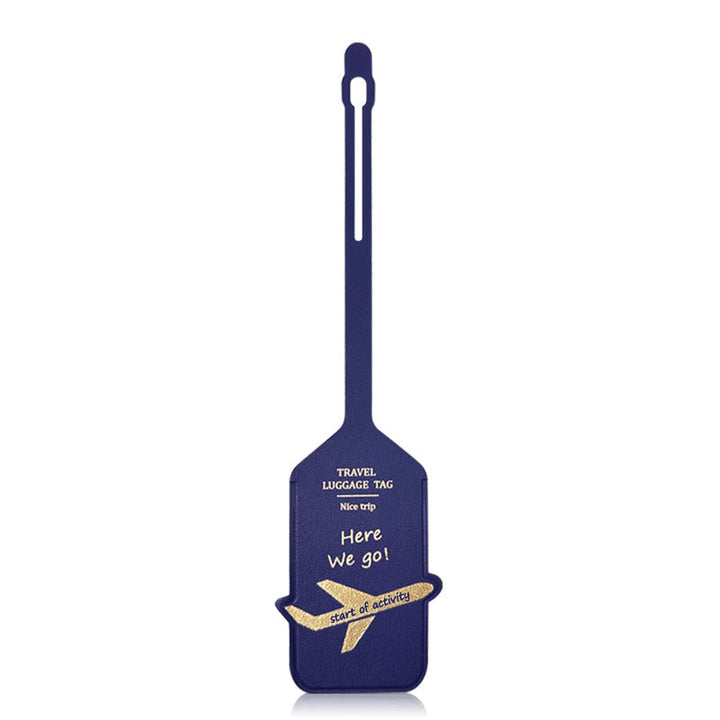 premium leather travel luggage ID tag with embossed airplane motif and adjustable strap Bowlift