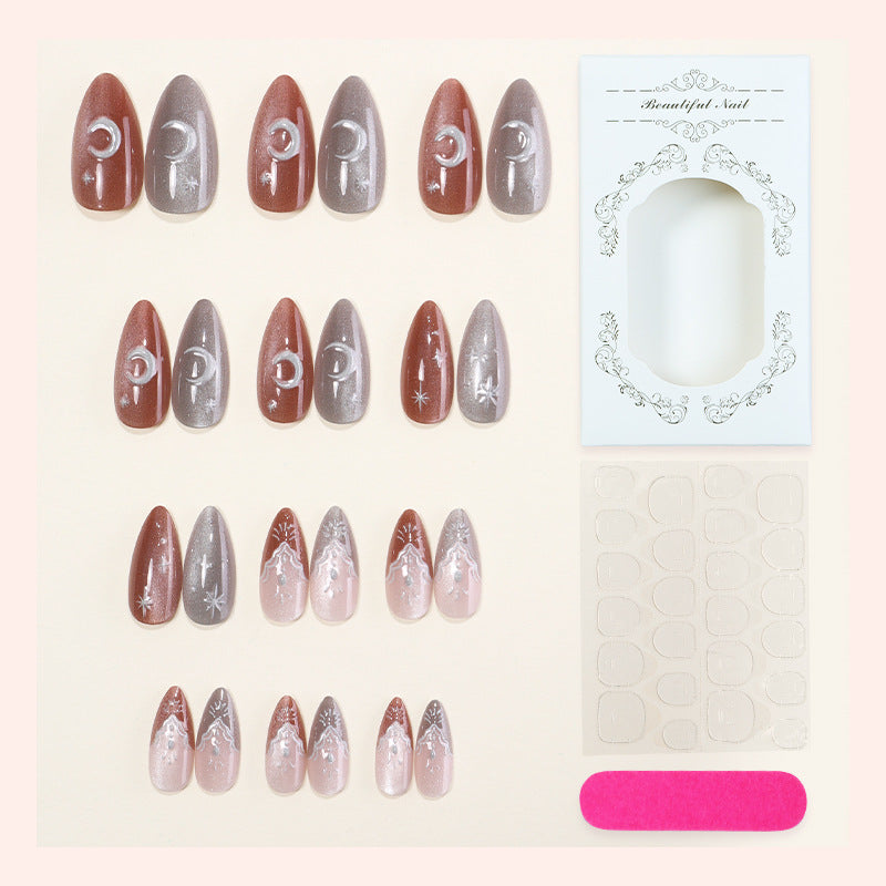 Decorative Press-On Nail Set with Unique Celestial Designs Bowlift