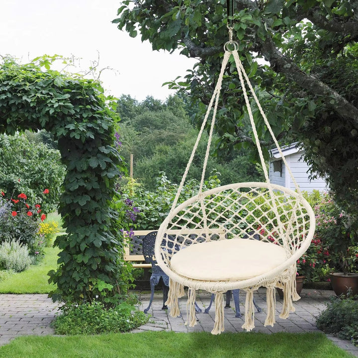 Macrame hanging swing chair boho woven fringe indoor outdoor hammock seat Bowlift