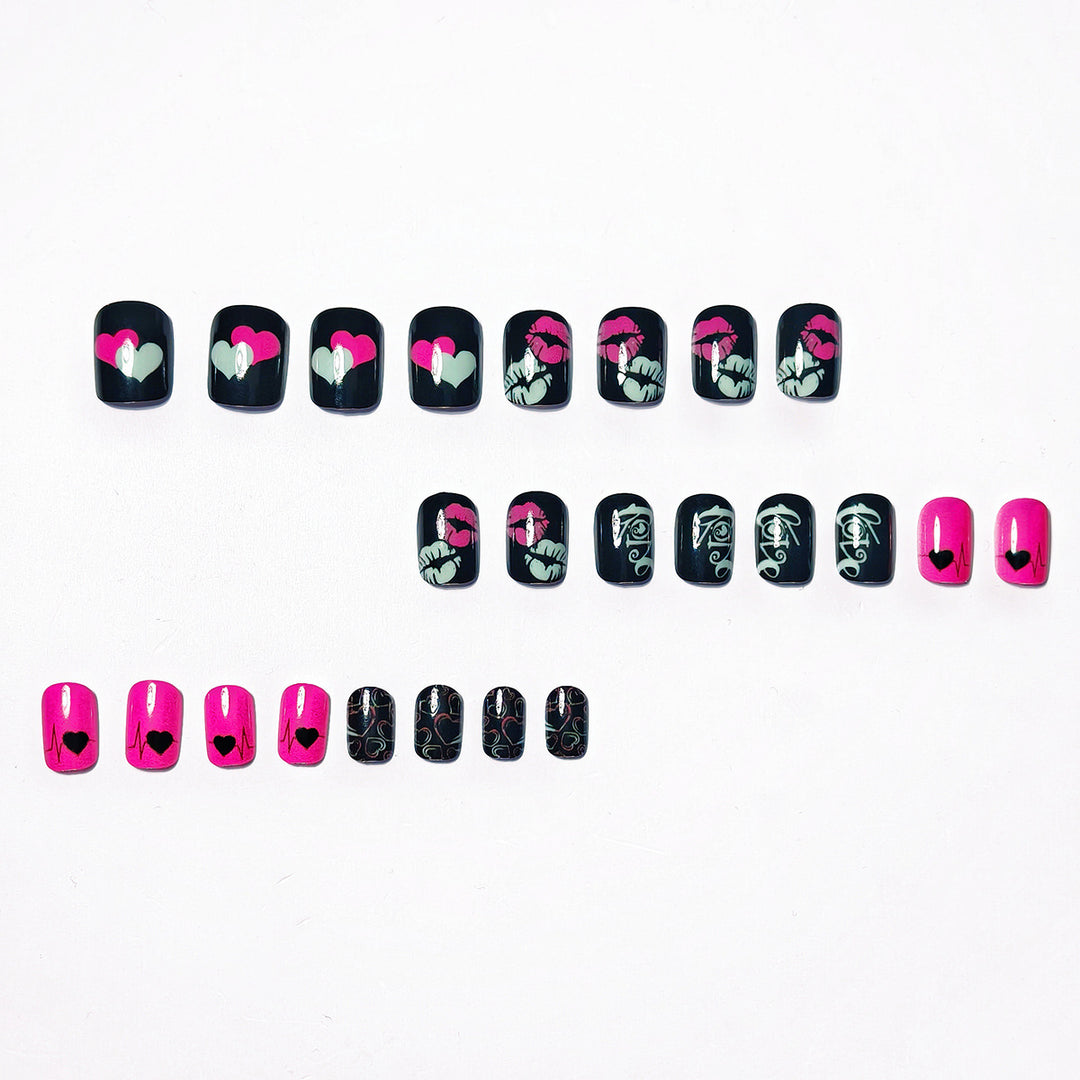 Acrylic nail design with hearts and kiss motifs Bowlift