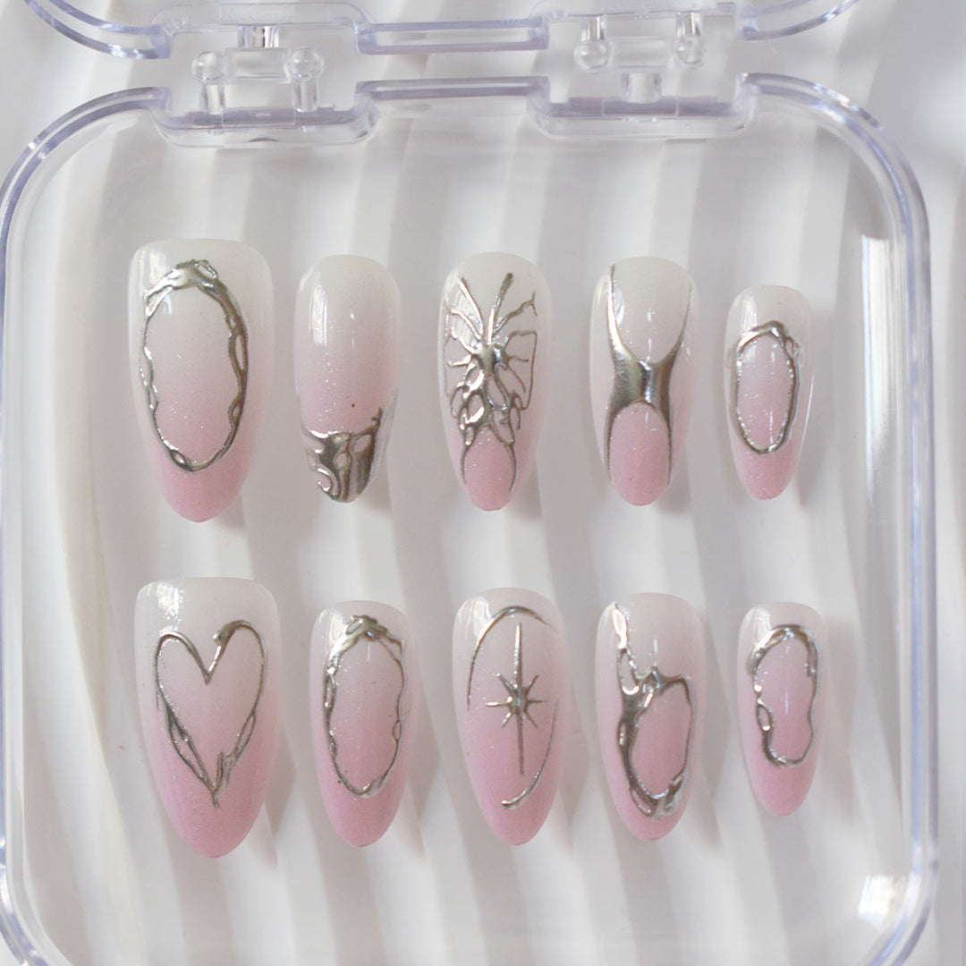 Elegant Artistic Stiletto Press-On Nails with Silver Accents Bowlift