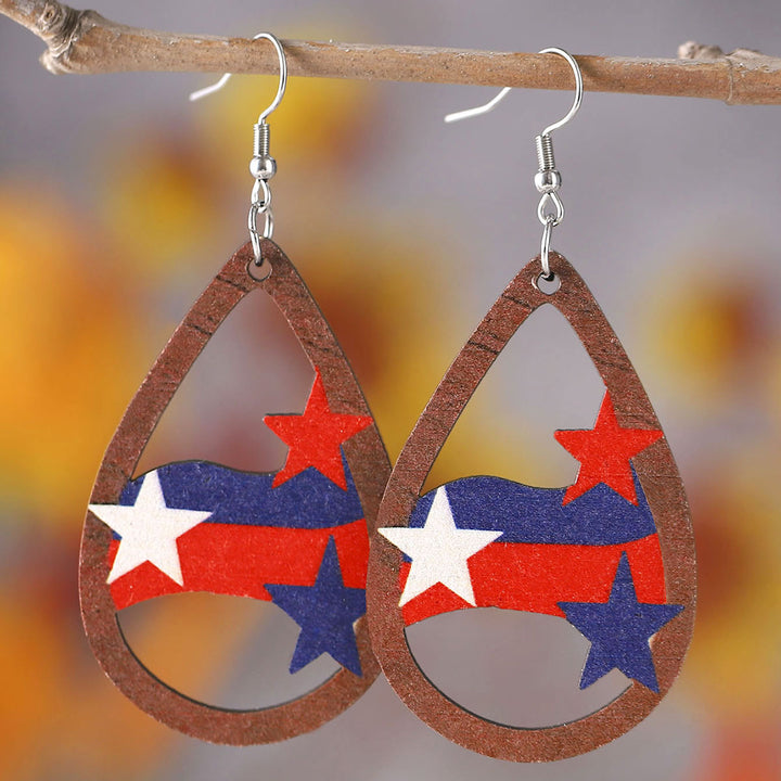 Women's nan patriotic teardrop wooden dangle earrings with star stripe cutout Bowlift