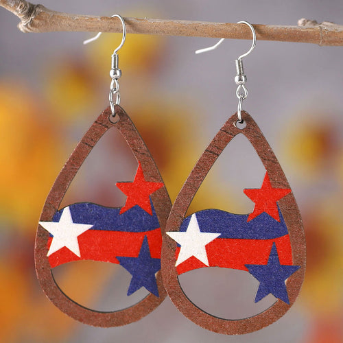 Women's nan patriotic teardrop wooden dangle earrings with star stripe cutout Bowlift