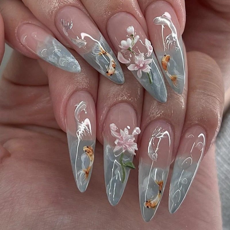 Artistic Floral-Design Press-On Nail Set Bowlift