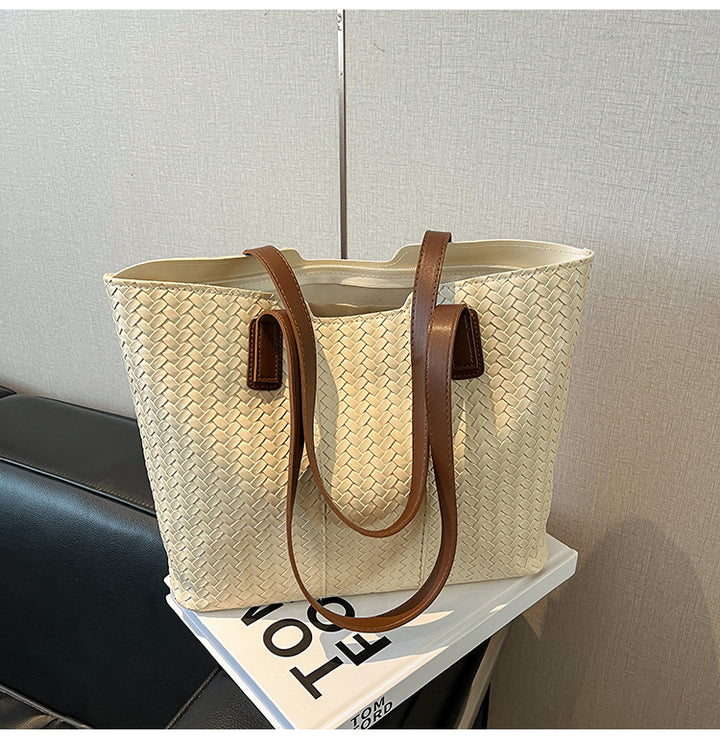 Woven Leather Shoulder Tote Bag Bowlift